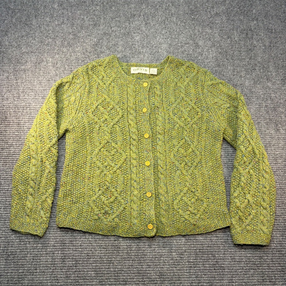 Orvis Women Green Silk Wool Blend Cable Knit Button Front Cardigan Sweater L